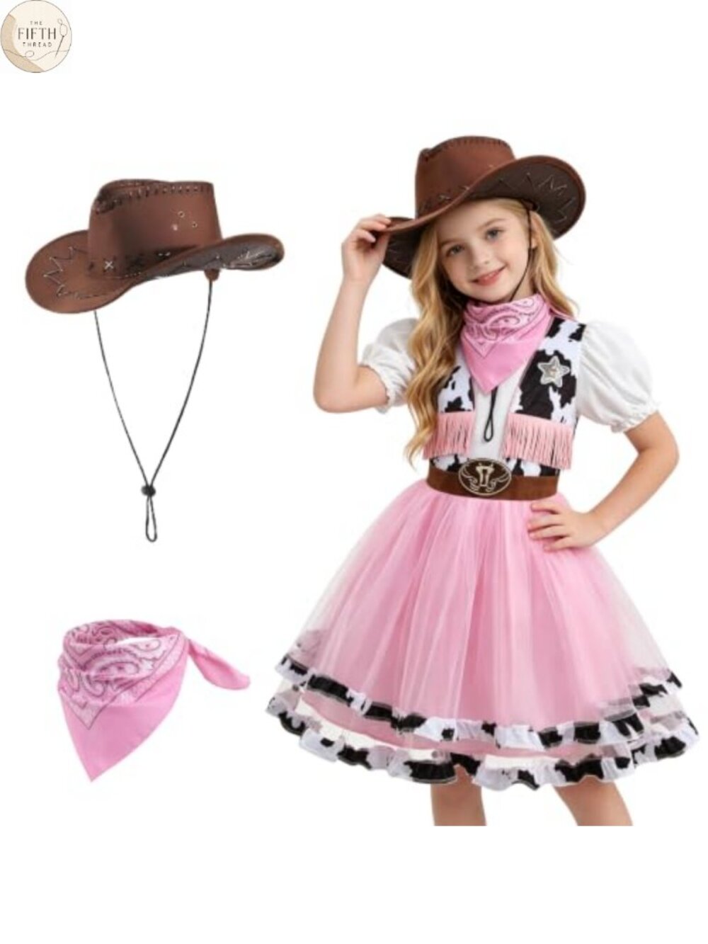 Girls Cowgirl Costume 3-Piece Set Hat Bandanna Tulle Dress